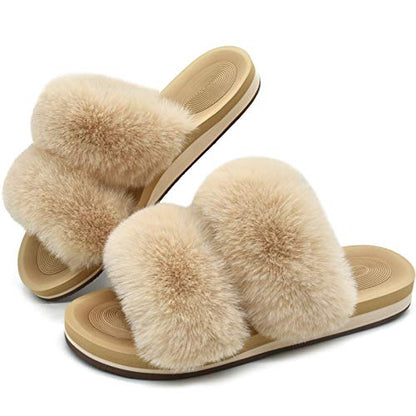 COFACE Women's Arch Support Fluffy Fur Sliders Beige Size 5