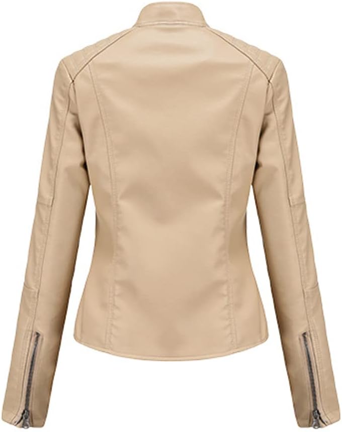Women's Faux Leather Moto Jacket with Stand-Up Collar, Metal Details