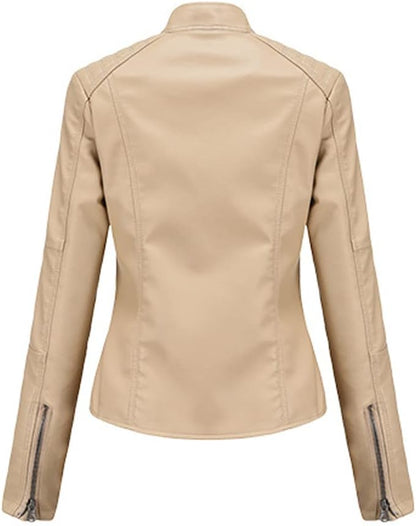 Women's Faux Leather Moto Jacket with Stand-Up Collar, Metal Details