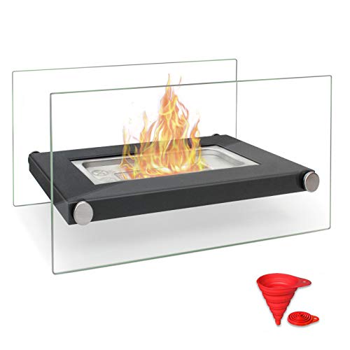 BRIAN & DANY Tabletop Fire Pit Portable Rectangle Ethanol Fireplace with 2 Glass Panels Black