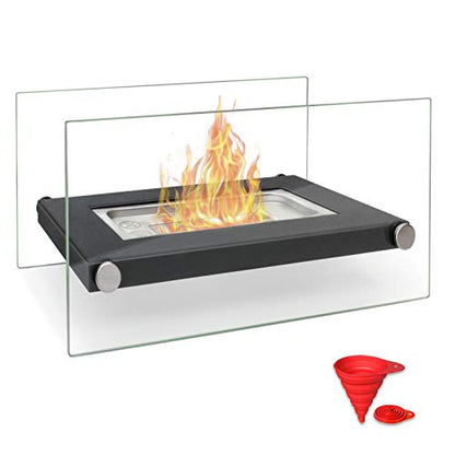BRIAN & DANY Tabletop Fire Pit Portable Rectangle Ethanol Fireplace with 2 Glass Panels Black