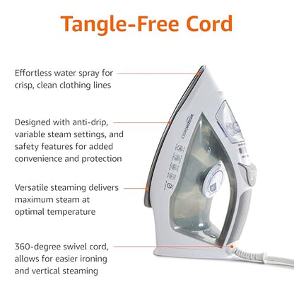 Amazon Basics 1700-Watt Steam Iron with Safety Auto Shut-Off, Steel Soleplate