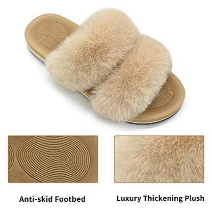 COFACE Women's Arch Support Fluffy Fur Sliders Beige Size 5