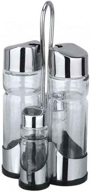 APS Complete Cruet Set: Stainless Steel Stand, Glass Oil, Vinegar, Salt, Pepper
