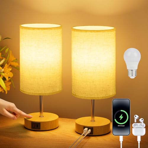 Suright Bedside Lamps Set of 2 with USB A+C Charging Ports 3-Way Dimmable Touch Control Table Lamp with Linen Fabric Shade LED Bulb Included