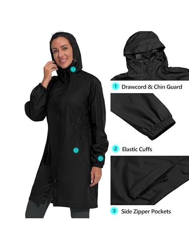 Mapamyumco Women's Ultra-Light Packable Waterproof Long Hooded Raincoat with Pockets
