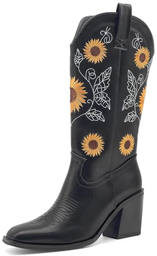 Women's Mid-Calf Western Cowboy Boots with Sunflower Embroidery Pointed Toe Chunky Heel