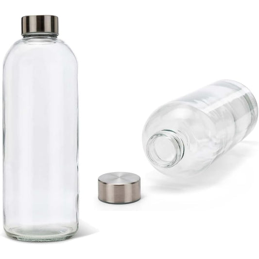 BrandPrint Eos 1 Liter Glass Bottles Set of 6 with Silver Screw Caps for Drinks & Juices