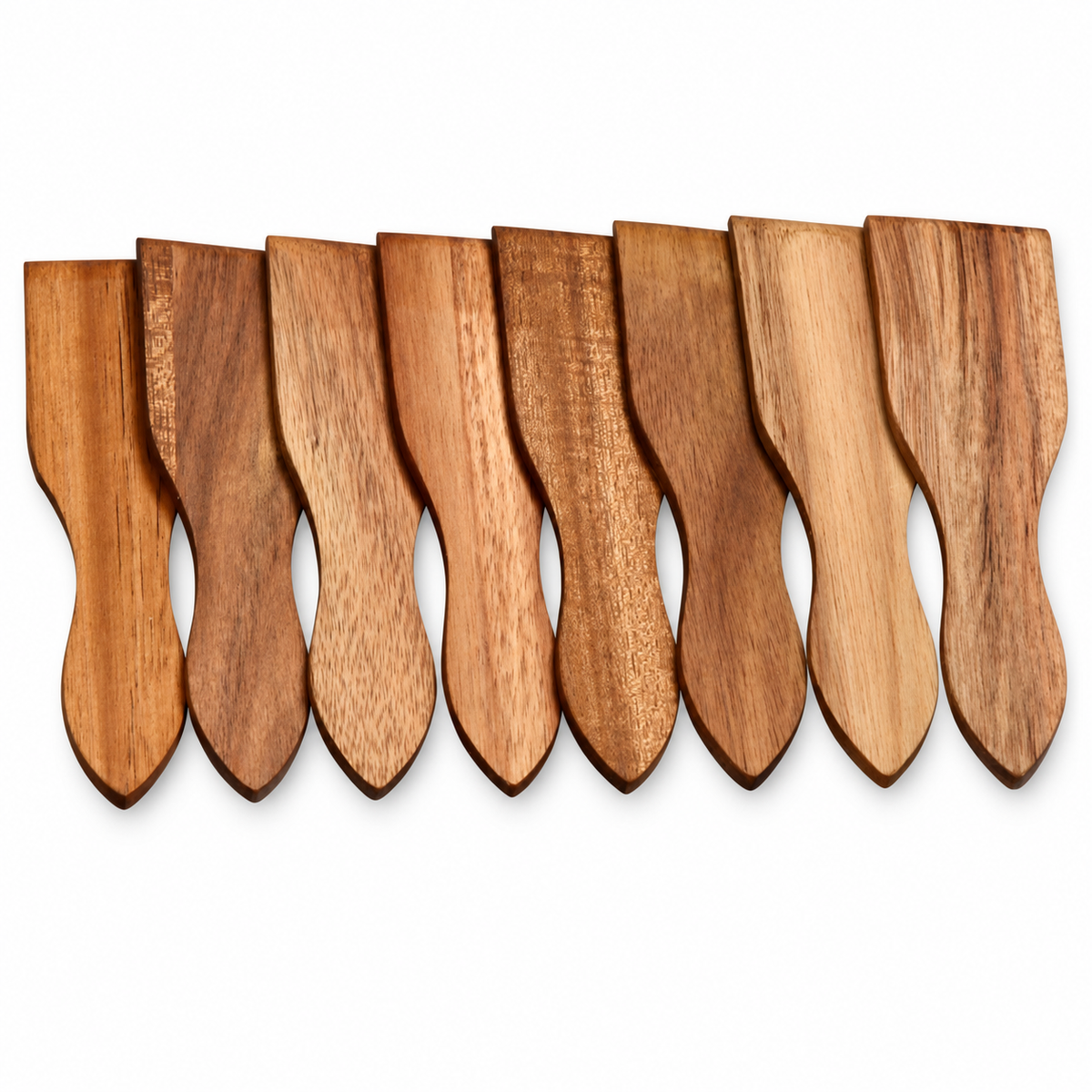 Eight wooden serving spoons with curved handles and flat broad heads, arranged in a row against a plain white background.