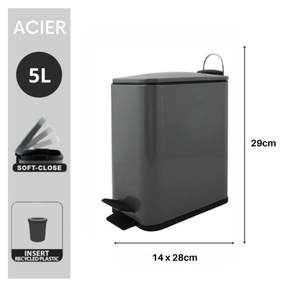 Spirella ERIK 5L Matt Gray Stainless Steel Soft-Close Pedal Bin