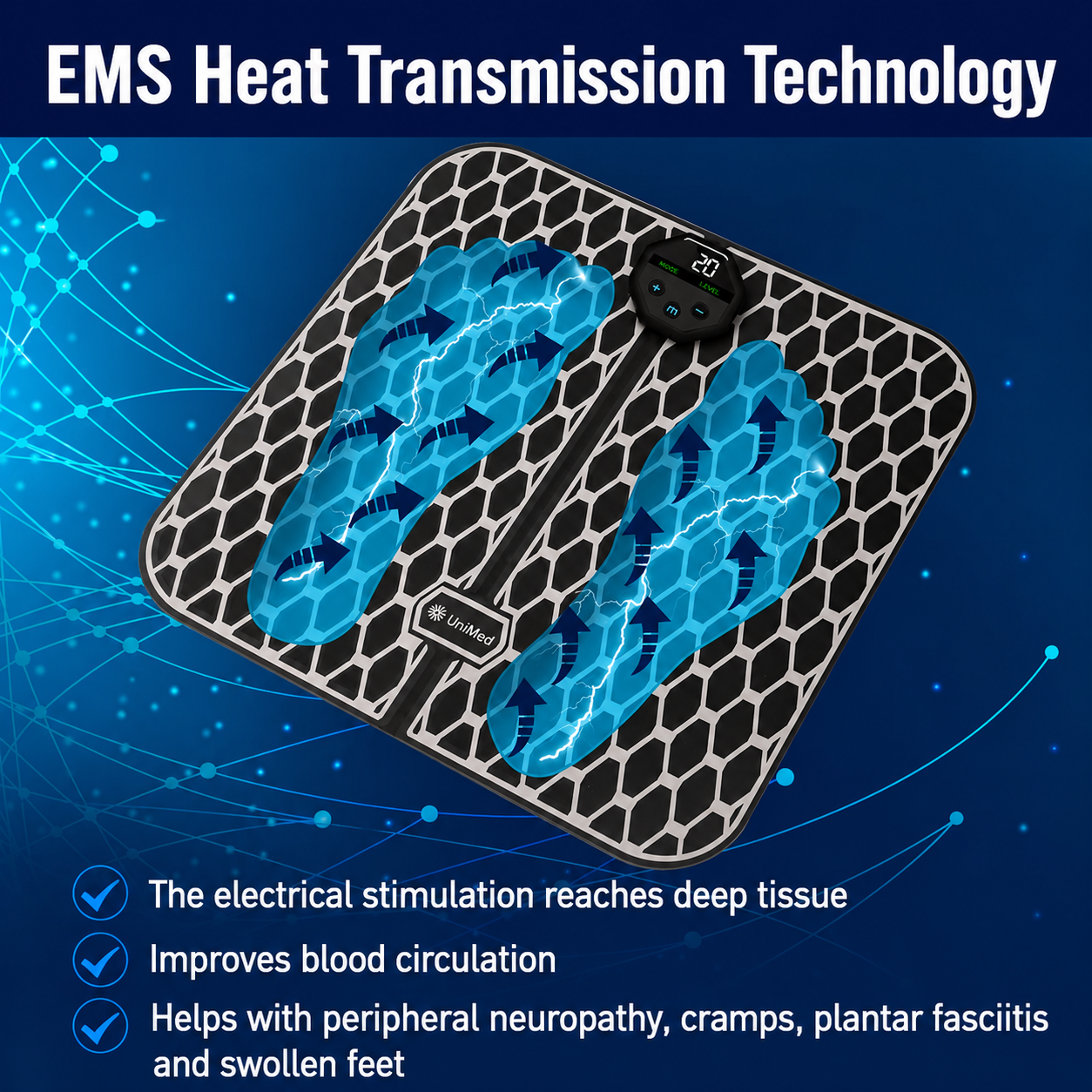 EMS Foot Massager Mat Portable USB 10 Modes 20 Intensities for Circulation Pain Relief