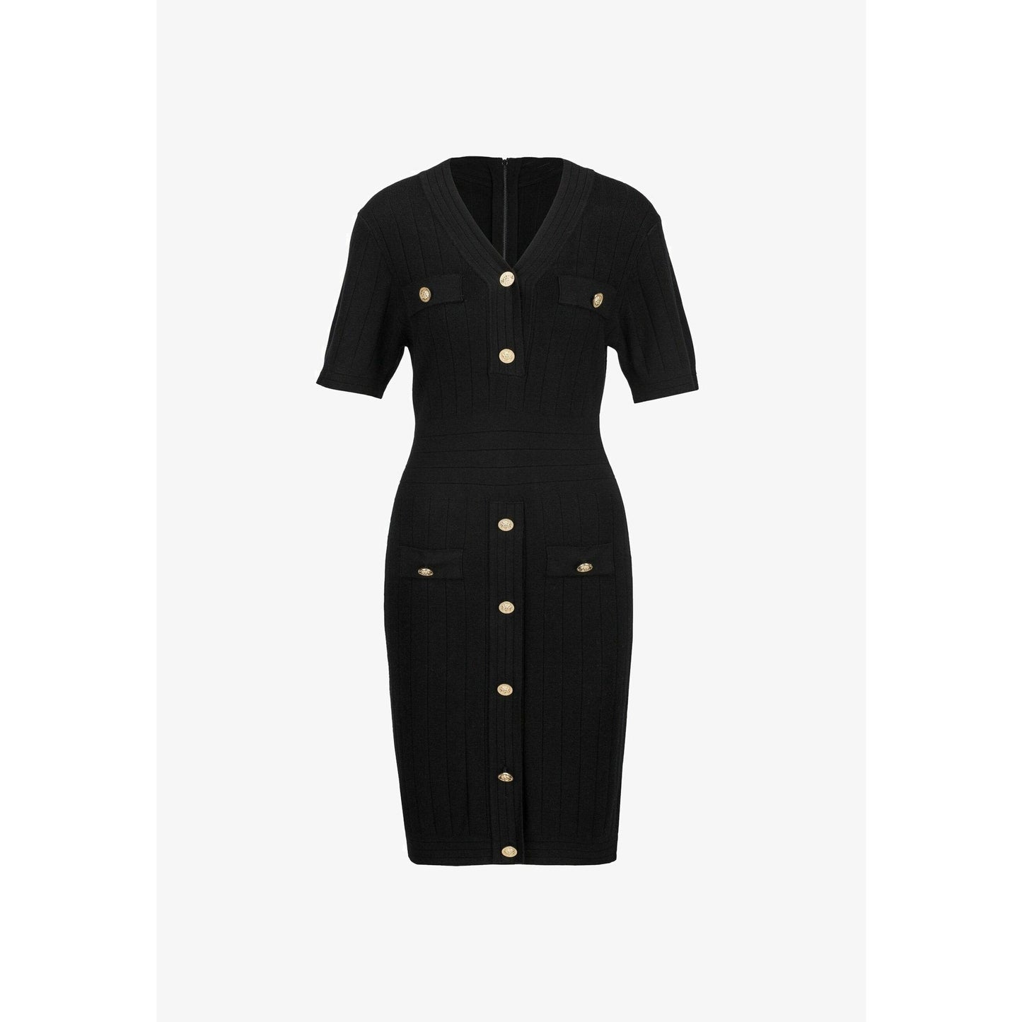 19V69 Italia Black Ribbed Knit Mini Jumper Dress with V-Neck and Buttons