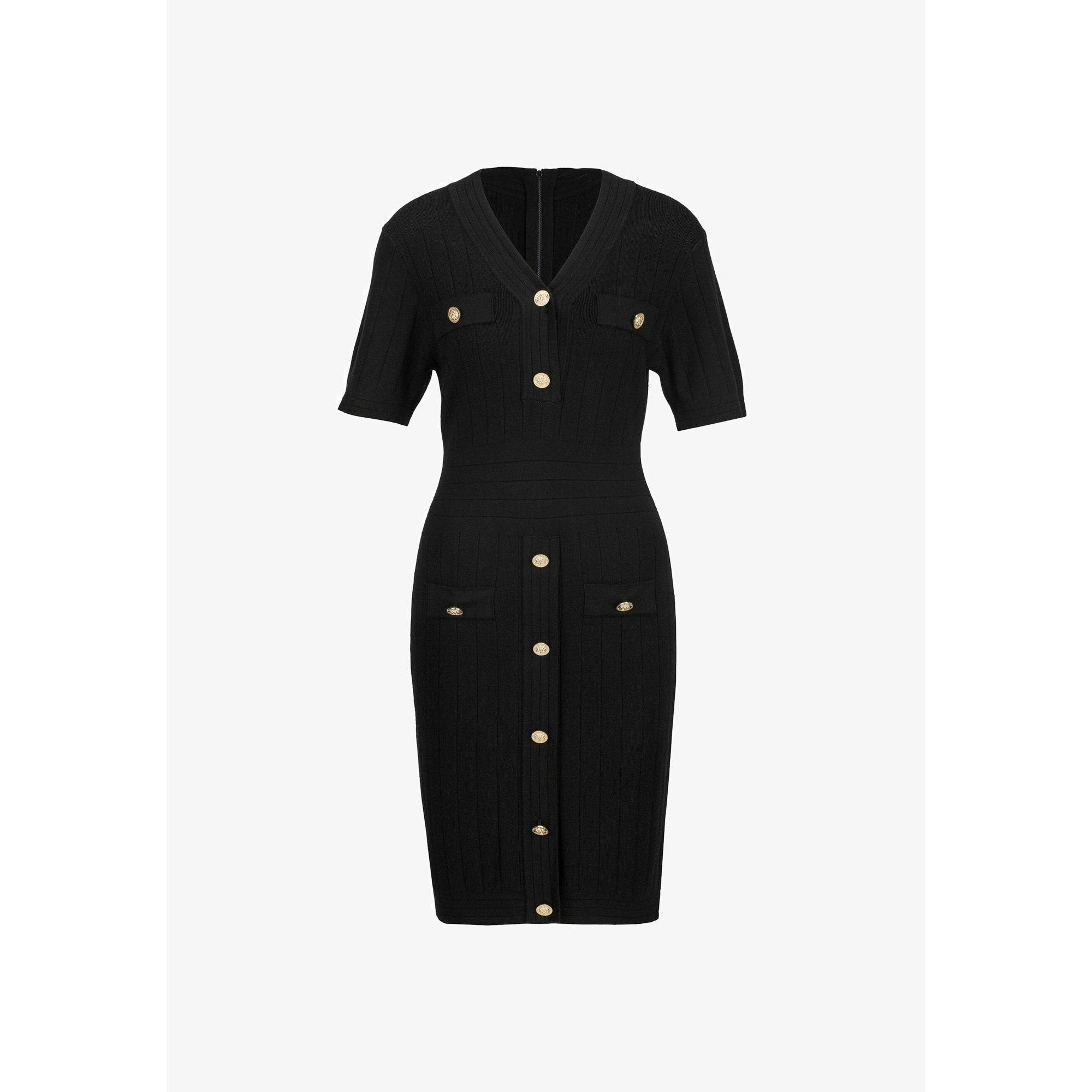 19V69 Italia Black Ribbed Knit Mini Jumper Dress with V-Neck and Buttons