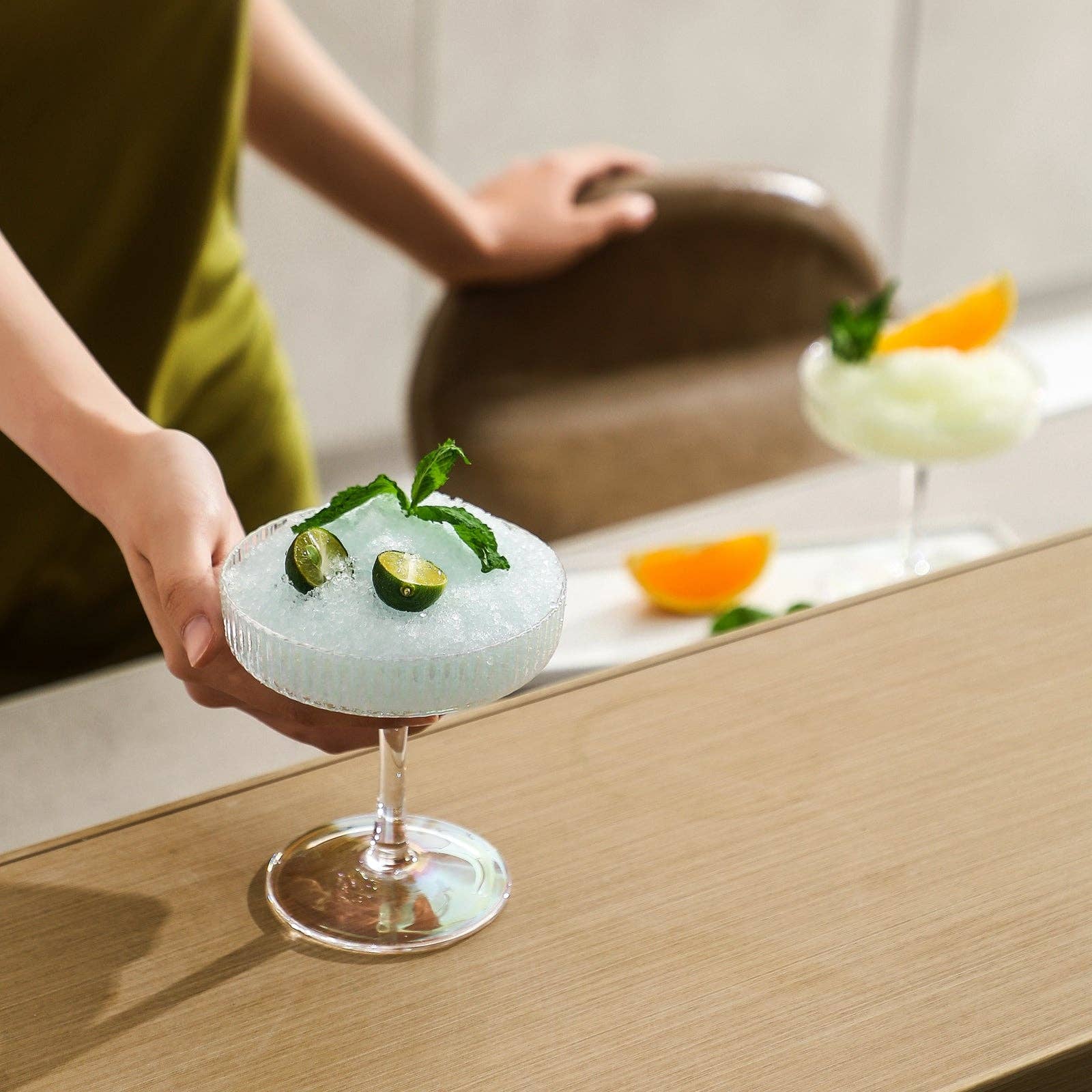 Iridescent Rainbow Coupe Glasses Set of Four – Hand‑Blown Cocktailware