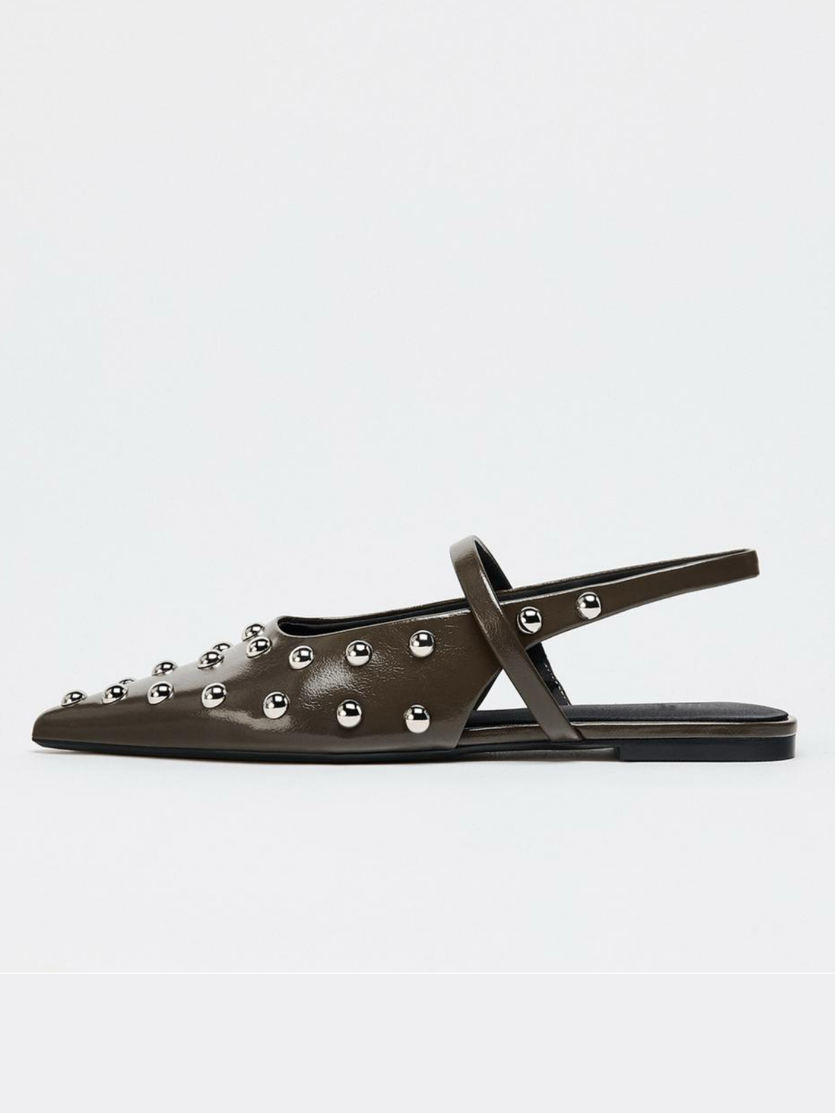 Brown Pointed-Toe Bridge Strap Slingback Studded Vegan Leather Flats