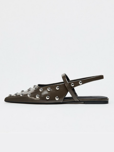 Brown Pointed-Toe Bridge Strap Slingback Studded Vegan Leather Flats