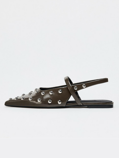 Brown Pointed-Toe Bridge Strap Slingback Studded Vegan Leather Flats