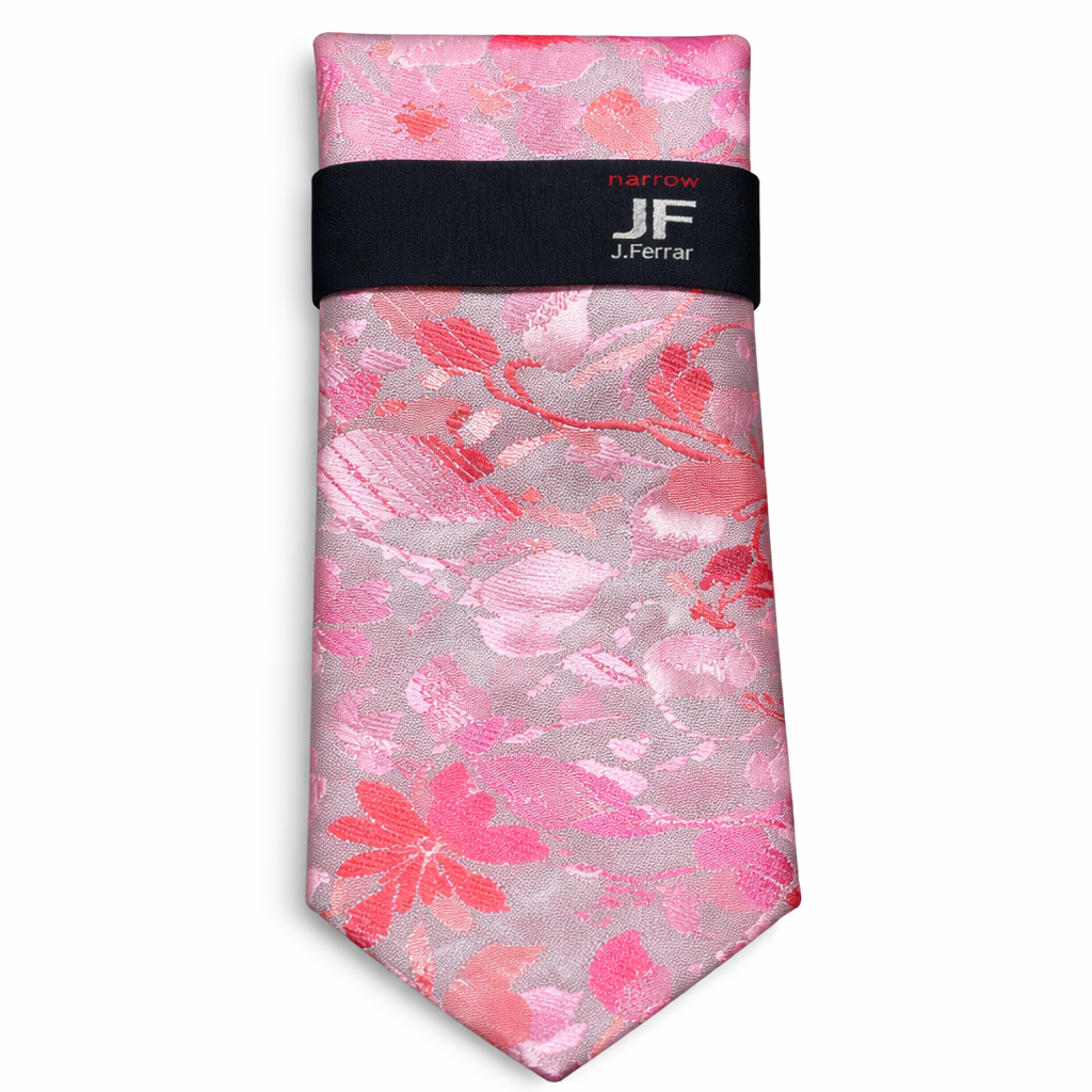 J.Ferrar Narrow Floral Tie in Multicolor - Pink, Red, and Gray