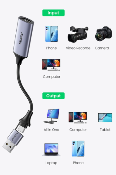 UGREEN CM489 USB-A Type-C to HDMI Video Capture Device Grey