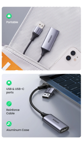 UGREEN CM489 USB-A Type-C to HDMI Video Capture Device Grey