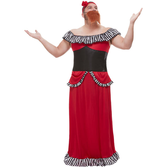 Red Bearded Lady Costume with Dress, Corset, Headband & Beard