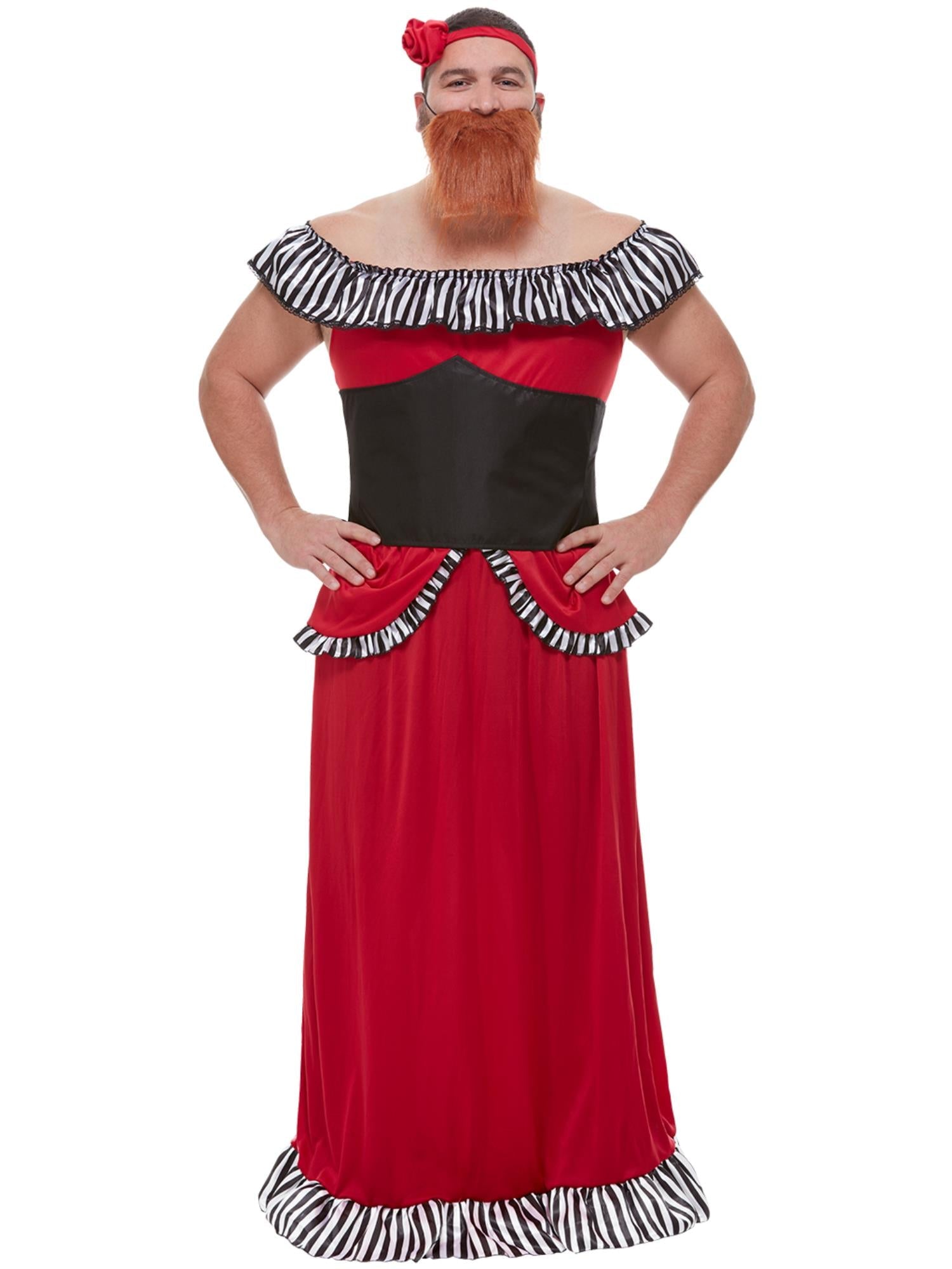 Red Bearded Lady Costume with Dress, Corset, Headband & Beard