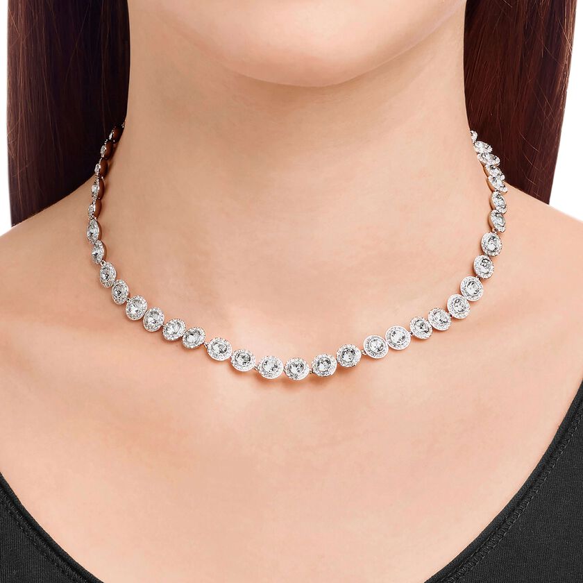 Sparkling Una Angelic Tennis Necklace: Dazzling Round-Cut White Rhodium-Plated Elegance