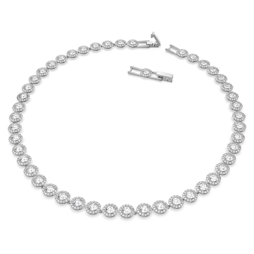 Sparkling Una Angelic Tennis Necklace: Dazzling Round-Cut White Rhodium-Plated Elegance