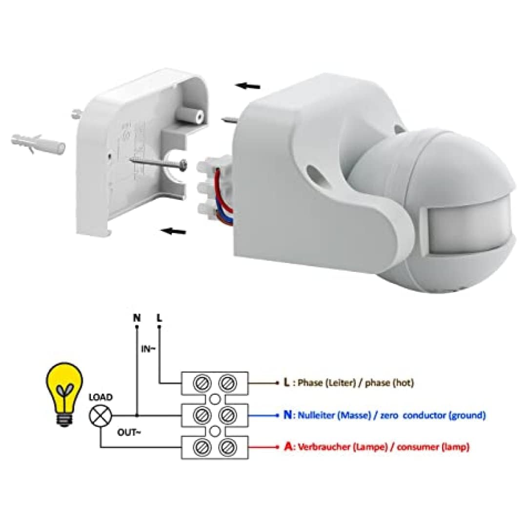 Real Instruments 180° Wall‑Mount PIR Motion Sensor Switch, Adjustable Light