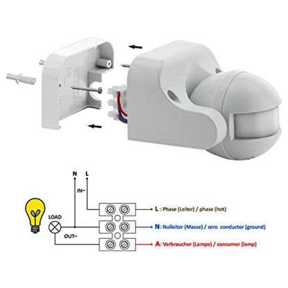 Real Instruments 180° Wall‑Mount PIR Motion Sensor Switch, Adjustable Light