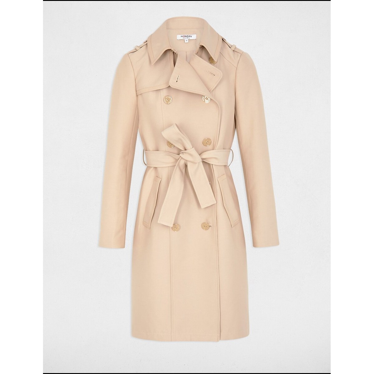 Morgan Beige Long Belted Trench Coat – Mid‑Length Tailored
