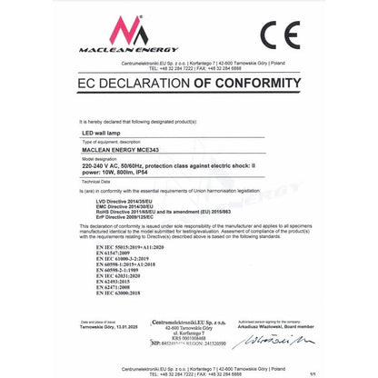 Maclean MCE343 Facade LED Lamp 800lm 10W IP54 Outdoor Wall Lamp Energy Saving Gray