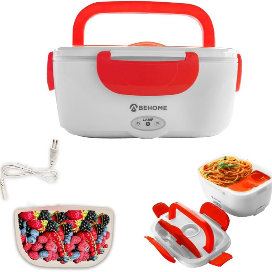 BEHOME 1.5L Electric Lunch Box with Dual Containers Red