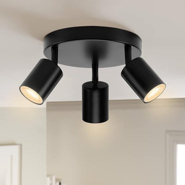 wowatt 3-Light Swivel GU10 Ceiling Spotlight Round Black Matt Metal Indoor Light Fixture