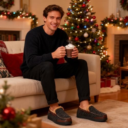 LongBay Men's Memory Foam Moccasin Slippers: Warm Indoor Outdoor Rubber Sole