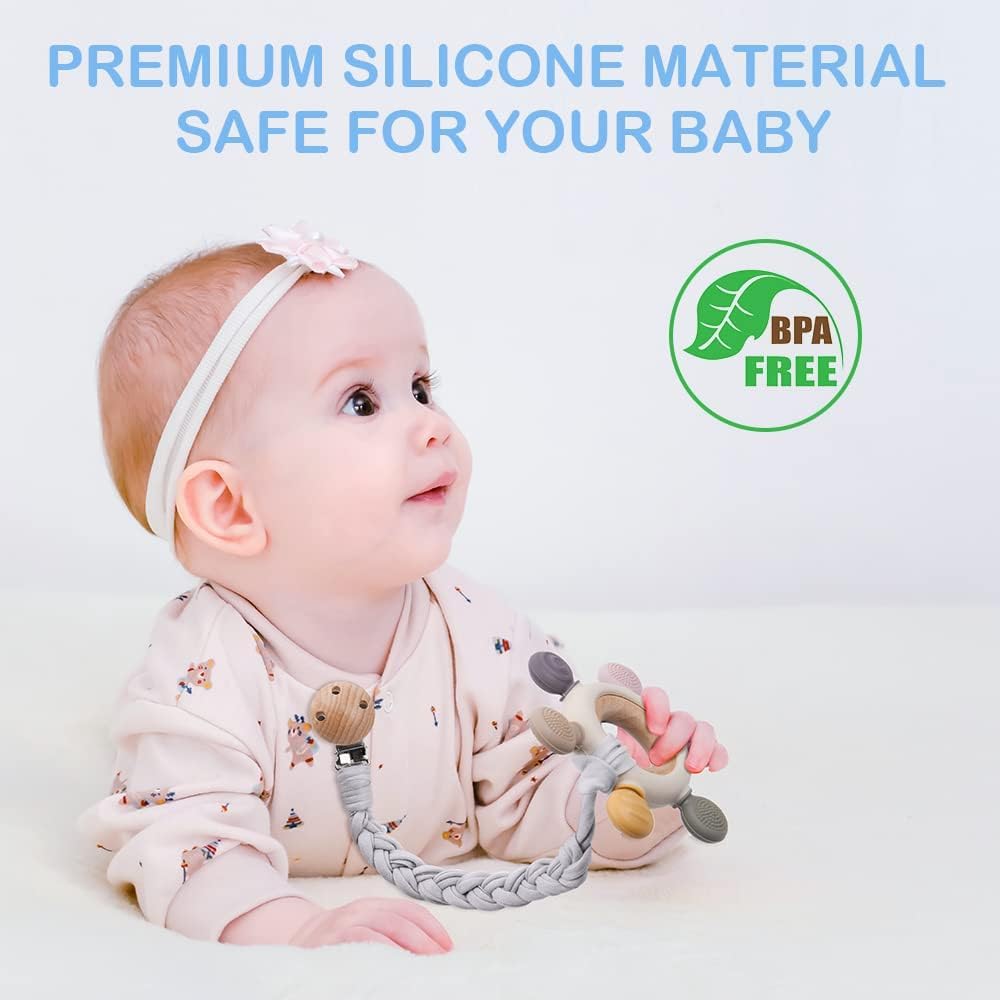 Vicloon Silicone Baby Teether Ring with Wooden Handle – Gray