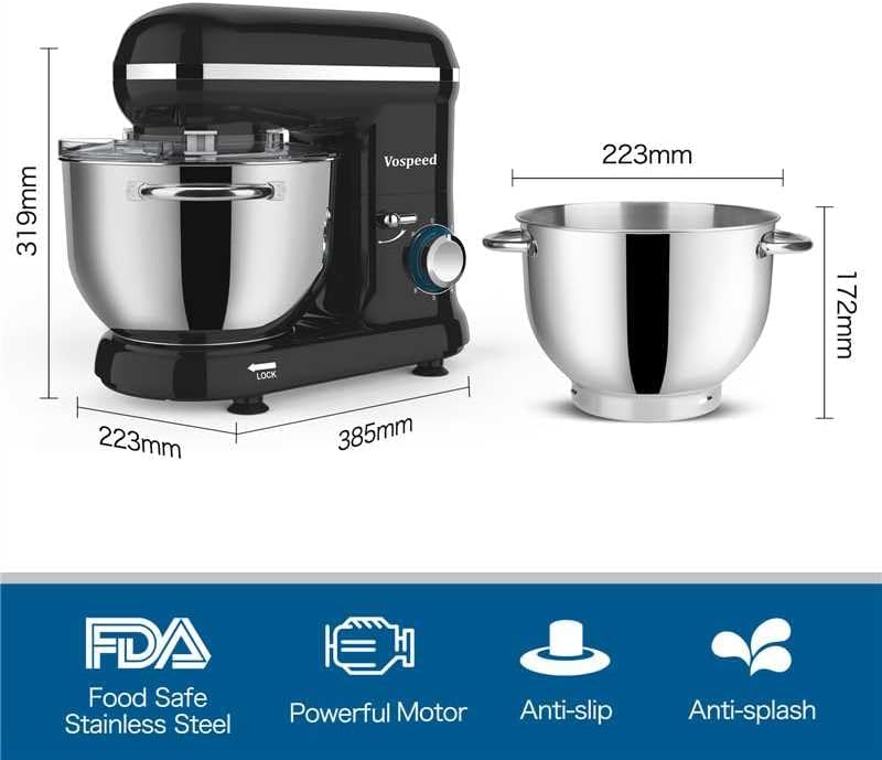 Vospeed 6-Qt Black Stand Mixer with 6 Speeds and Accessories