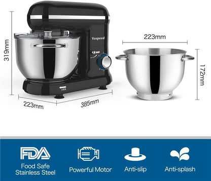 Vospeed 6-Qt Black Stand Mixer with 6 Speeds and Accessories