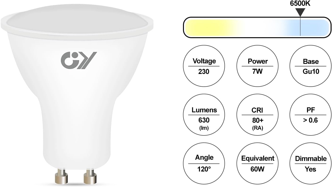 GY GU10 LED Bulb 7W 6500K Cool White Dimmable 630 Lumens 6-Pack