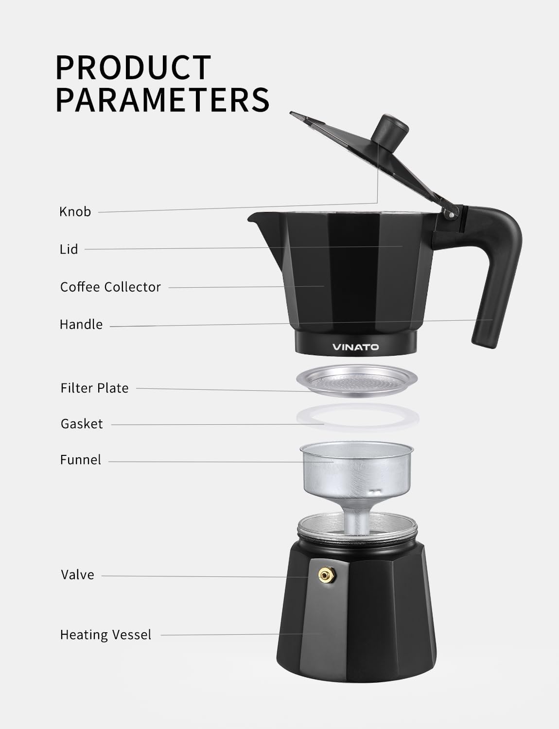 VINATO Premium 6‑Cup Aluminium Stovetop Espresso Maker Black