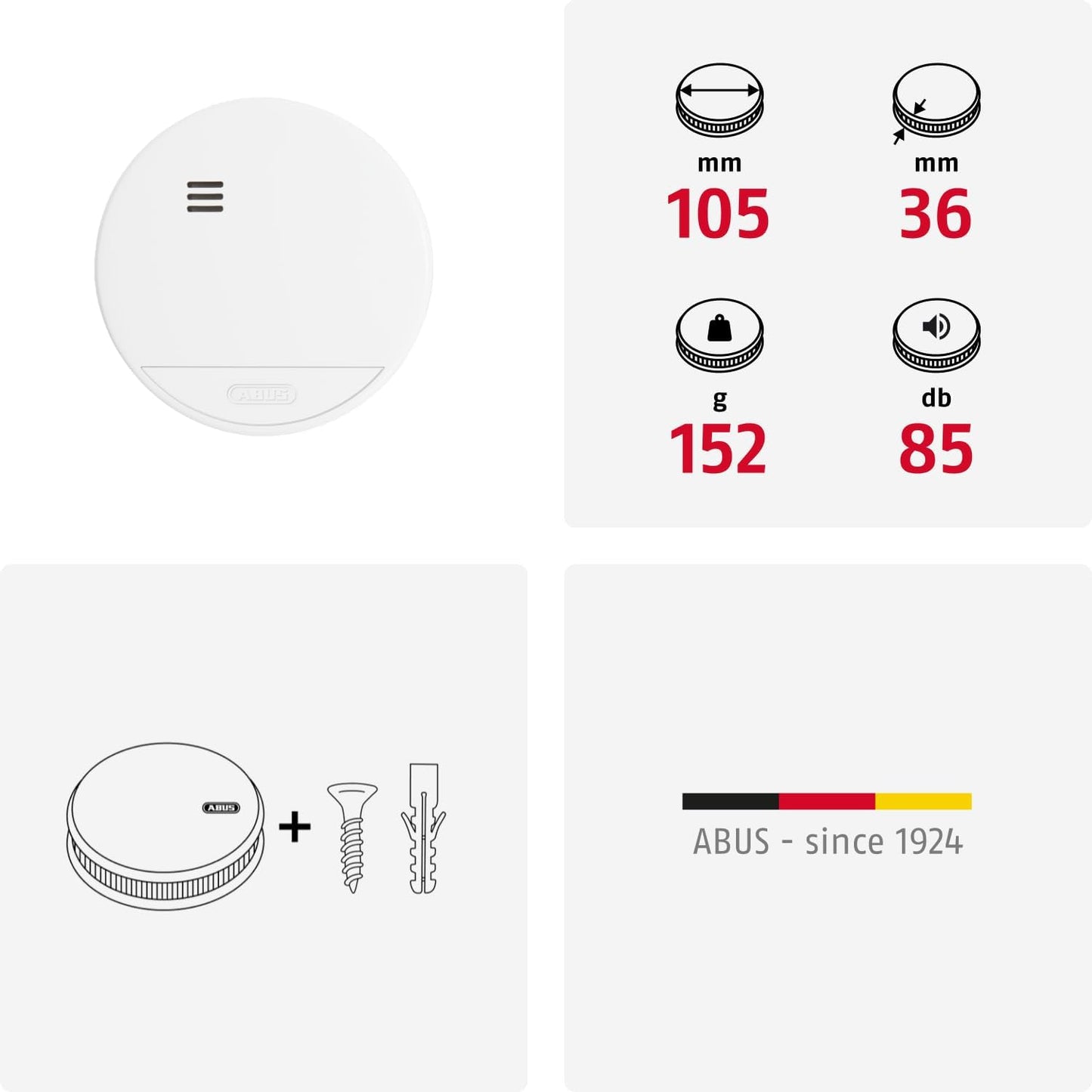 ABUS RWM150 White Smoke Detector with 10-Year Battery, 85dB Alarm