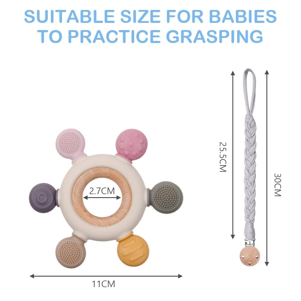 Vicloon Silicone Baby Teether Ring with Wooden Handle – Gray