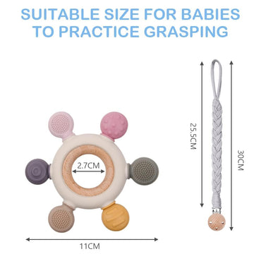 Vicloon Silicone Baby Teether Ring with Wooden Handle – Gray