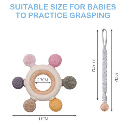 Vicloon Silicone Baby Teether Ring with Wooden Handle – Gray