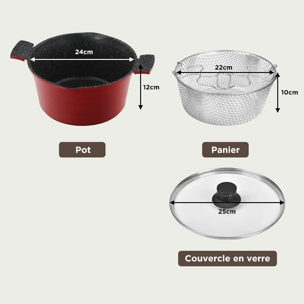 24cm Friteuse pour Frites avec Panier Faitout Induction en Aluminium avec Couvercle Verre Tous Feux