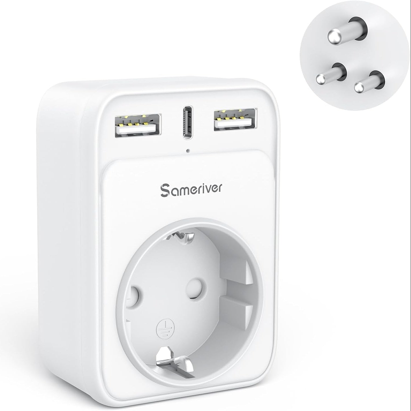 Sameriver Travel Adapter EU to India 4-in-1 Type D Plug with 2 USB-A and USB-C White