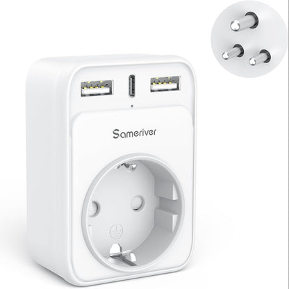 Sameriver Travel Adapter EU to India 4-in-1 Type D Plug with 2 USB-A and USB-C White
