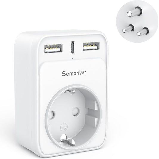 Sameriver Travel Adapter EU to India 4-in-1 Type D Plug with 2 USB-A and USB-C White