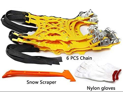 Supremo tire snow chain set with wrench, snow scraper, and gloves on a white background
