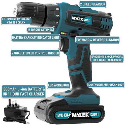 MYLEK 18V Cordless Drill with 13-Piece Kit and LED Light